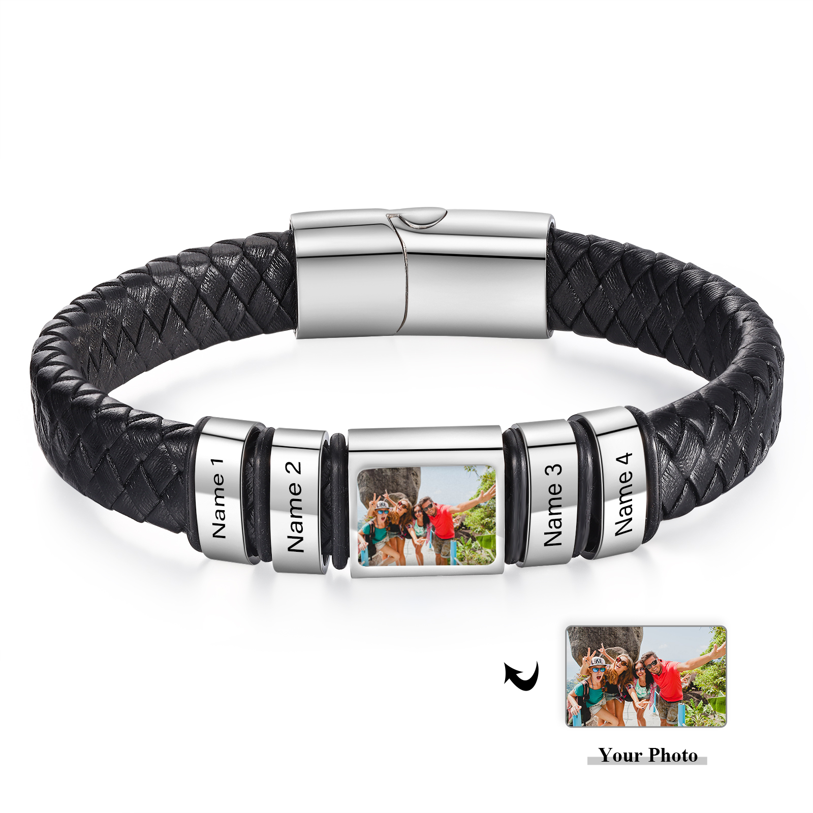 Personalised Men's Leather Bracelet Custom 1 Photo & 1–6 Names Black Silver Gift for Him-Jessemade AU