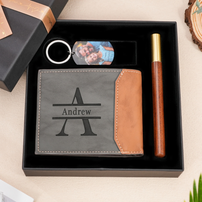 Personalised 2 Photos & 1 Text & 1 Name & 1 Letter Gift Set Custom Wallet & Keychain & Pen Gift Box Set Gift for Grandpa-Jessemade AU