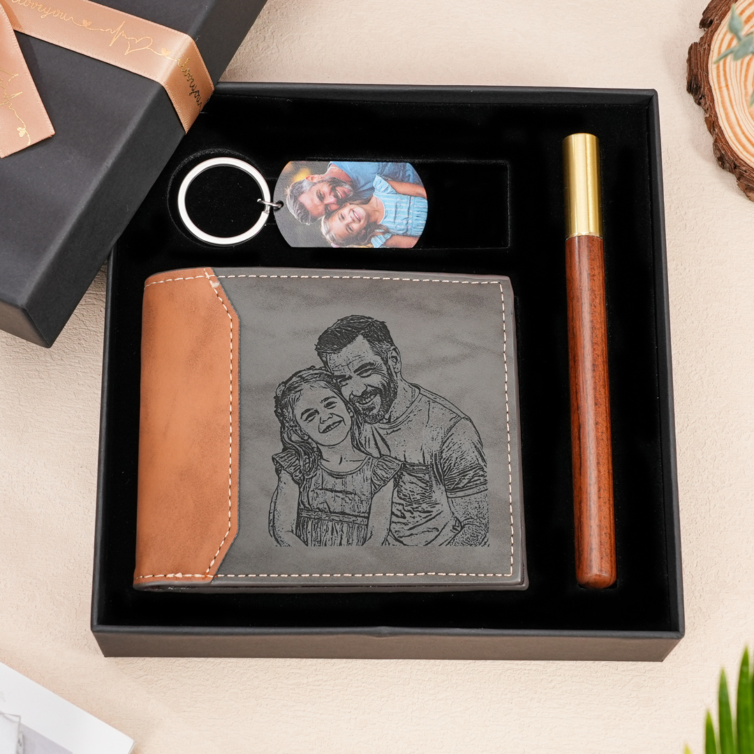 Personalised 2 Photos & 1 Text & 1 Name & 1 Letter Gift Set Custom Wallet & Keychain & Pen Gift Box Set Gift for Grandpa-Jessemade AU