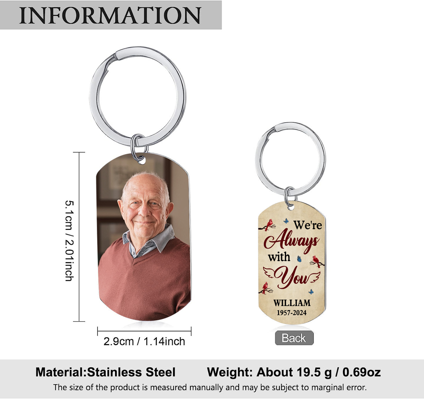 Personalised Photo Memorial Keychain Engraved 2 Texts Keychain Gifts "I Will Carry You With Me Until We Meet Again"-Jessemade AU