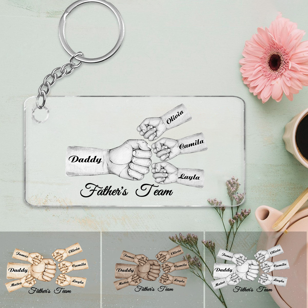 4 Names - Personalised Text & Name Acrylic Keychain Fist Bump Fathers Day Gifts for Dad/Grandpa-Jessemade AU