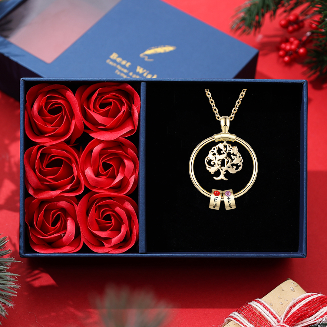 Personalised Family Necklace and Leather Bracelet Set with 2 Birthstones 2 Names Christmas Gift for Loved Ones-Jessemade AU