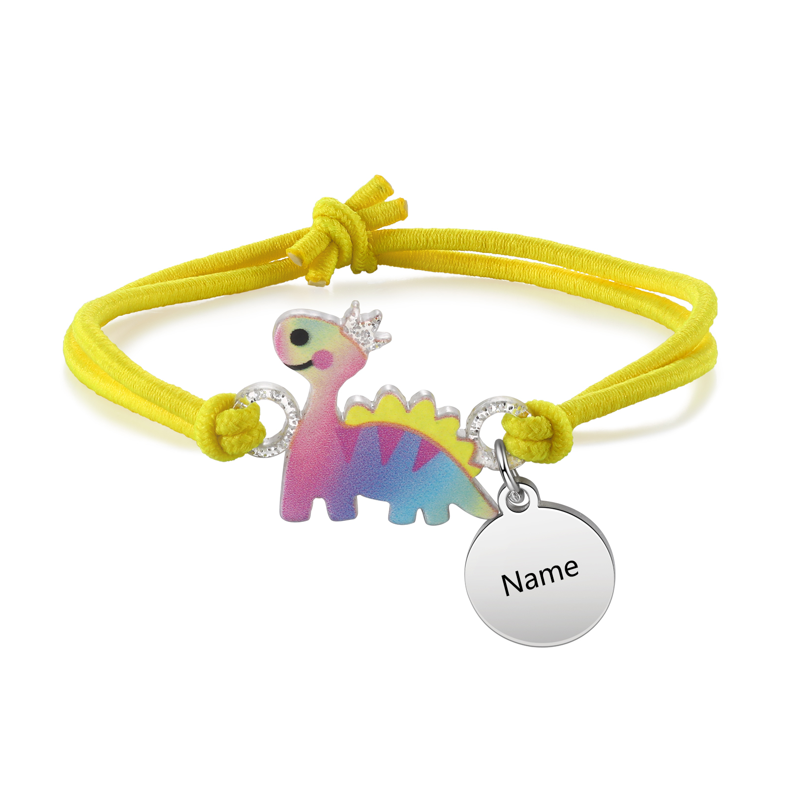 2 Pcs Bracelet Set Custom Names Yellow Dinosaur Charm Hair Ties Back To School Gift for Girls - My Heart Will Be With You Throughout The Day-Jessemade AU