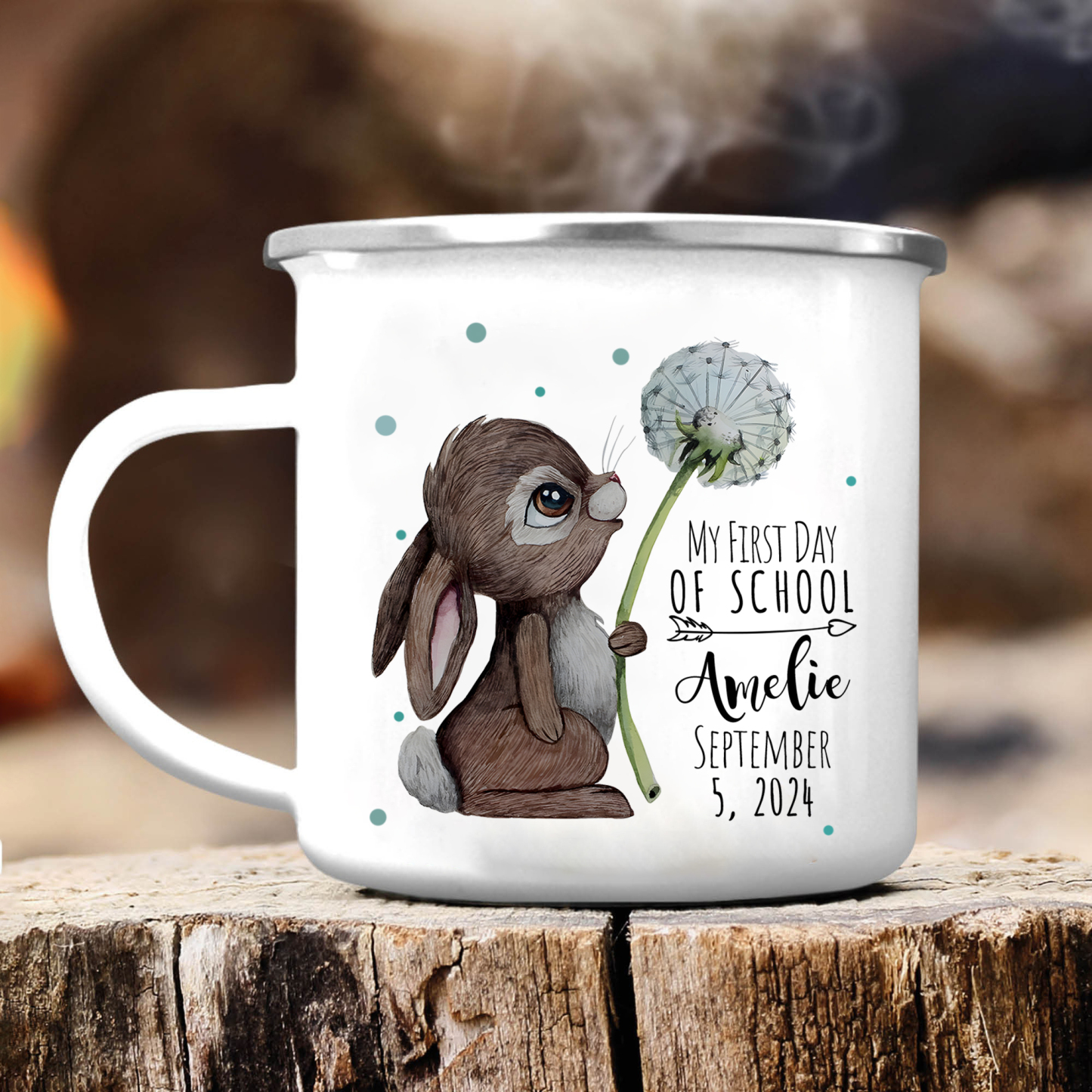 Personalised Enamel Mug Custom Name & Date Bunny Dandelion Cup Back to School Gift for Kids - My First Day Of School-Jessemade AU