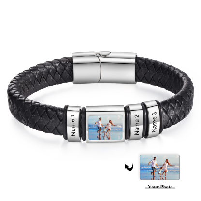 Personalised Men's Leather Bracelet Custom 1 Photo & 1–6 Names Black Silver Gift for Him-Jessemade AU