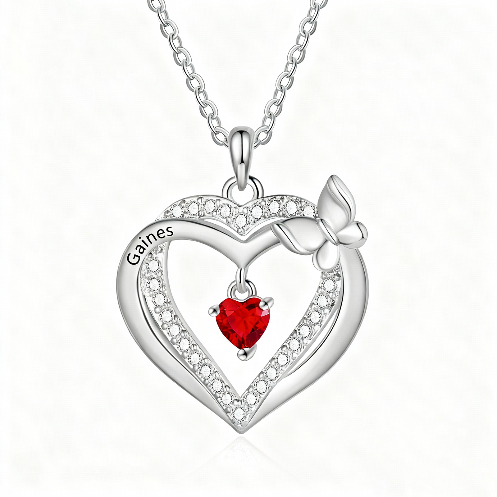 Personalised 1-3 Names Butterfly Heart Birthstone Necklace