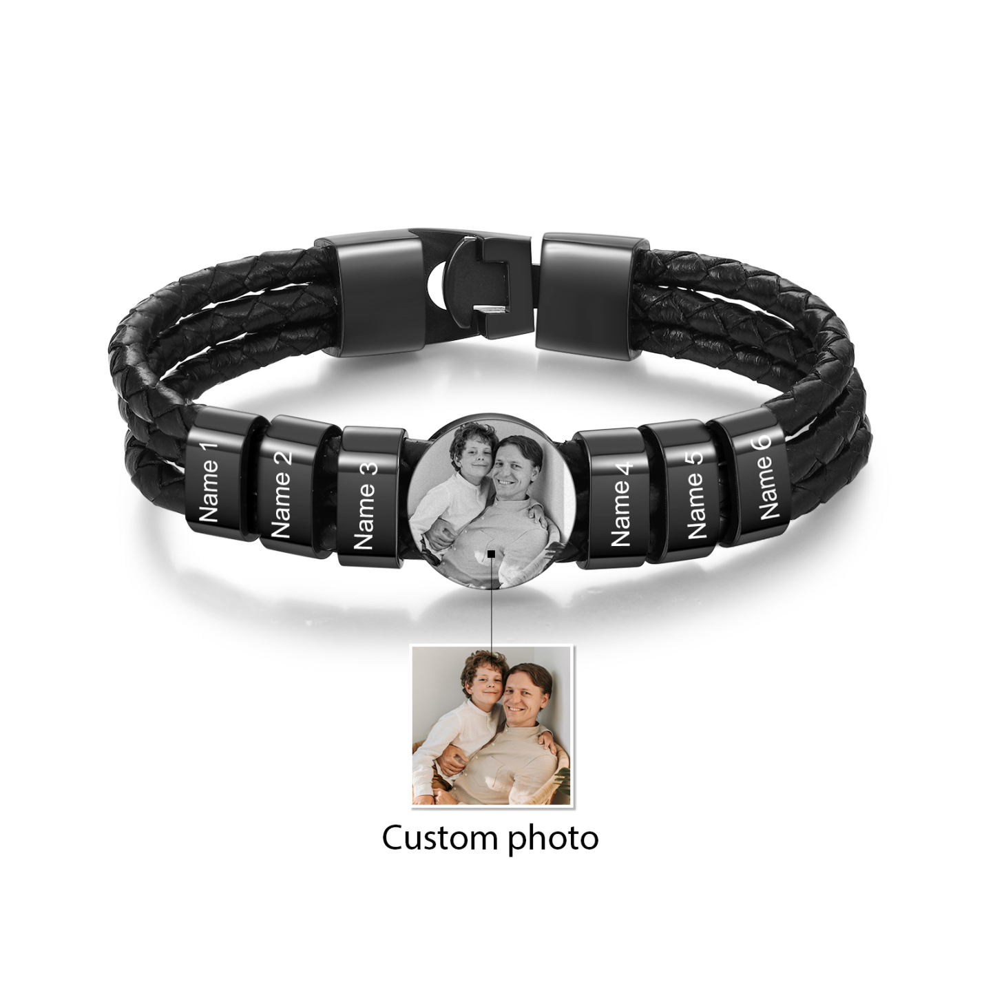 Personalised Men's Leather Bracelet Custom 6 Names & 1 Photo Braided Bracelet Father's Day Gifts for Him-Jessemade AU