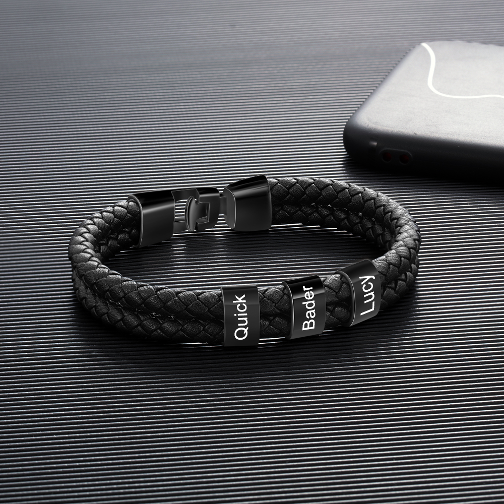 3 Names -Personalised Braided Leather Bracelet Engraved Men's Bracelet for Him