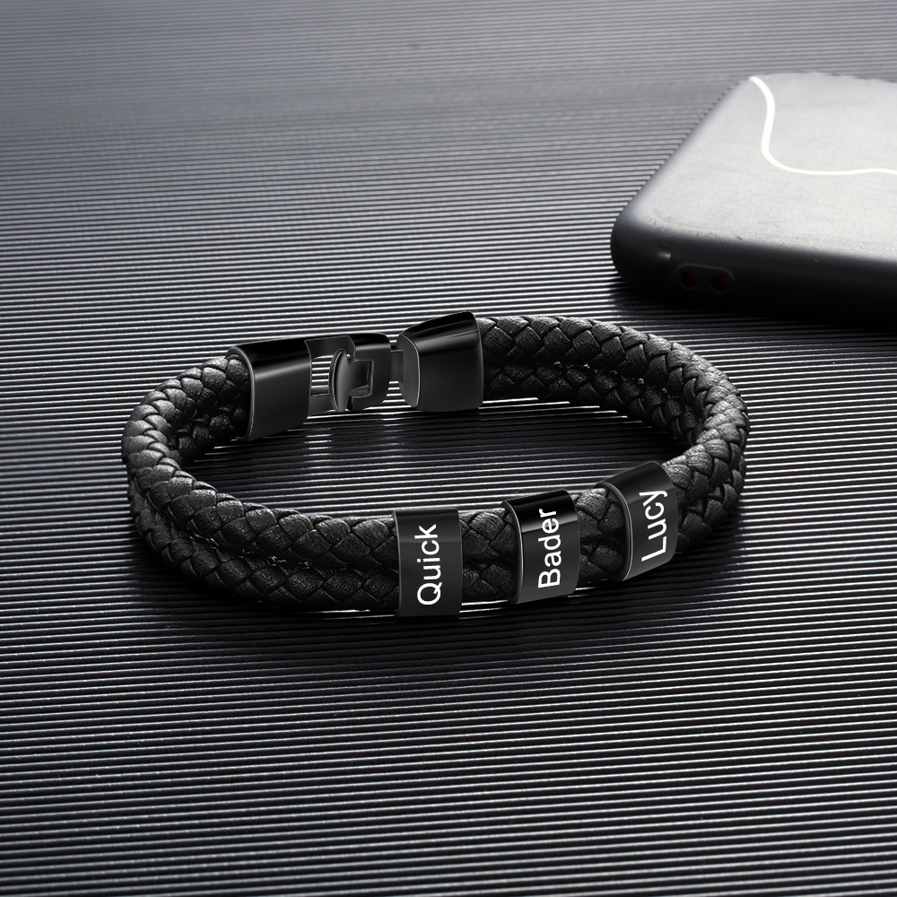 3 Names -Personalised Braided Leather Bracelet Engraved Men's Bracelet for Him