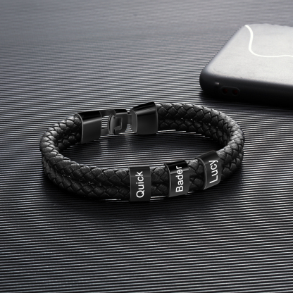 3 Names -Personalised Braided Leather Bracelet Engraved Men's Bracelet for Him