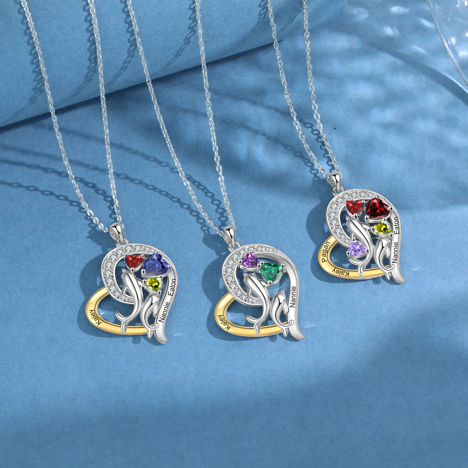 Personalised Mother and Baby Dolphin Heart Shaped Necklace Custom 3 Birthstones and Names Jewelry Ideal Christmas Gift for Her-Jessemade AU
