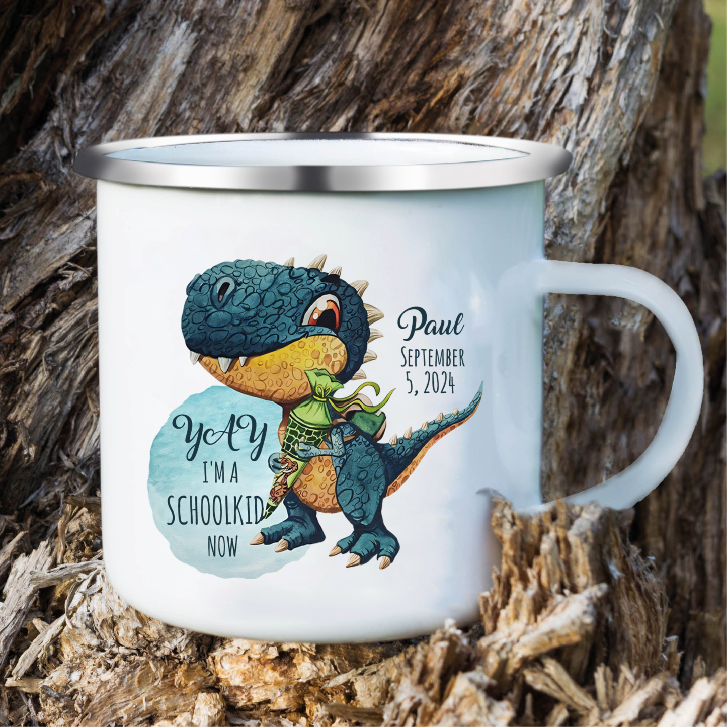 Personalised Enamel Mug Custom Name & Date Dinosaur Cup Back to School Gift for Boys - Yay, I'm A Schoolkid Now-Jessemade AU