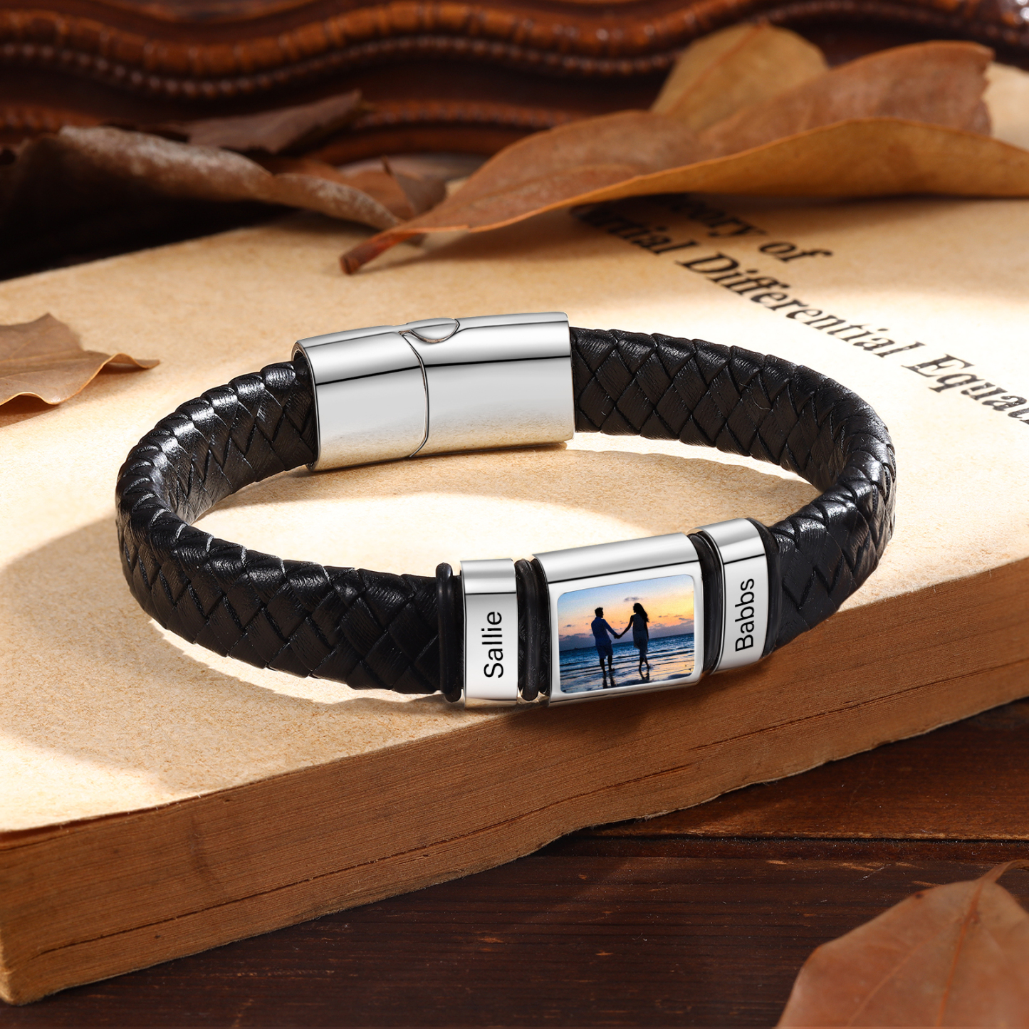 Personalised Men's Leather Bracelet Custom 1 Photo & 1–6 Names Black Silver Gift for Him-Jessemade AU