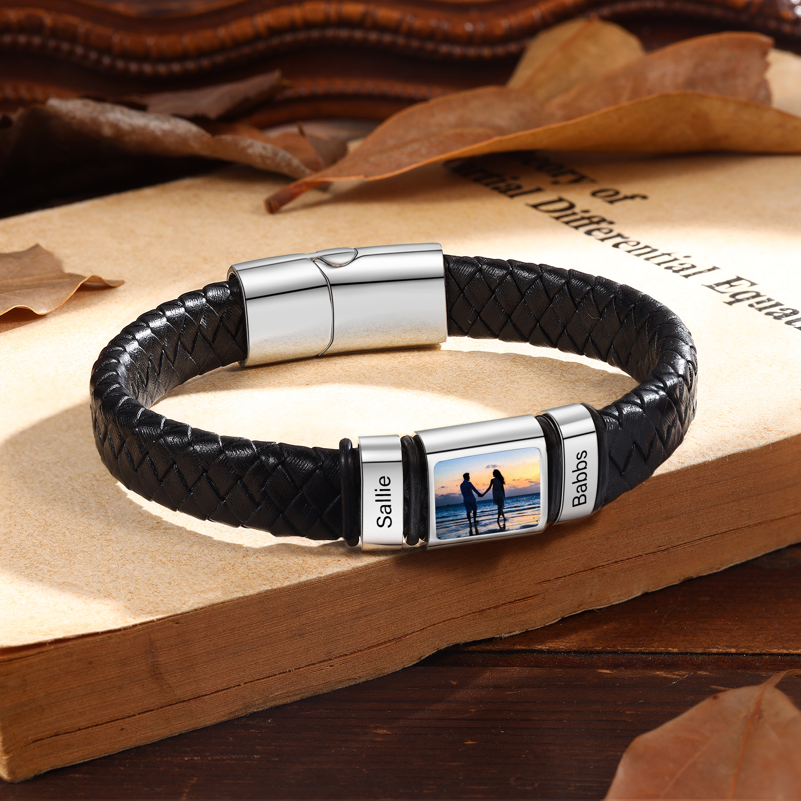 Personalised Men's Leather Bracelet Custom 1 Photo & 1–6 Names Black Silver Gift for Him-Jessemade AU