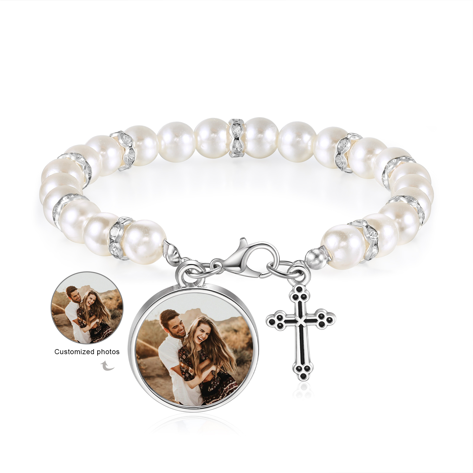 Personalised Rosary Memorial Bracelet Custom with Photo and Cross Pendant
