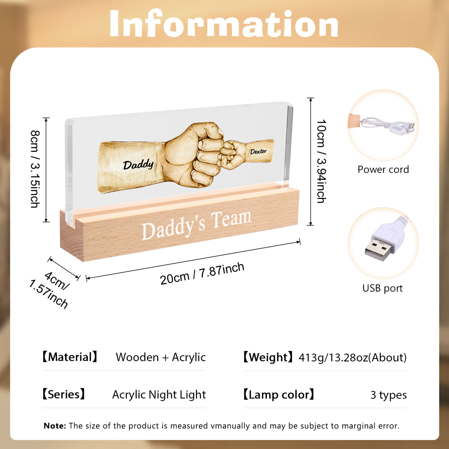 2 Names -  Personalised Name & Text Acrylic Night Light Custom Fist Bump LED Lamp Fathers Day Gifts-Jessemade AU