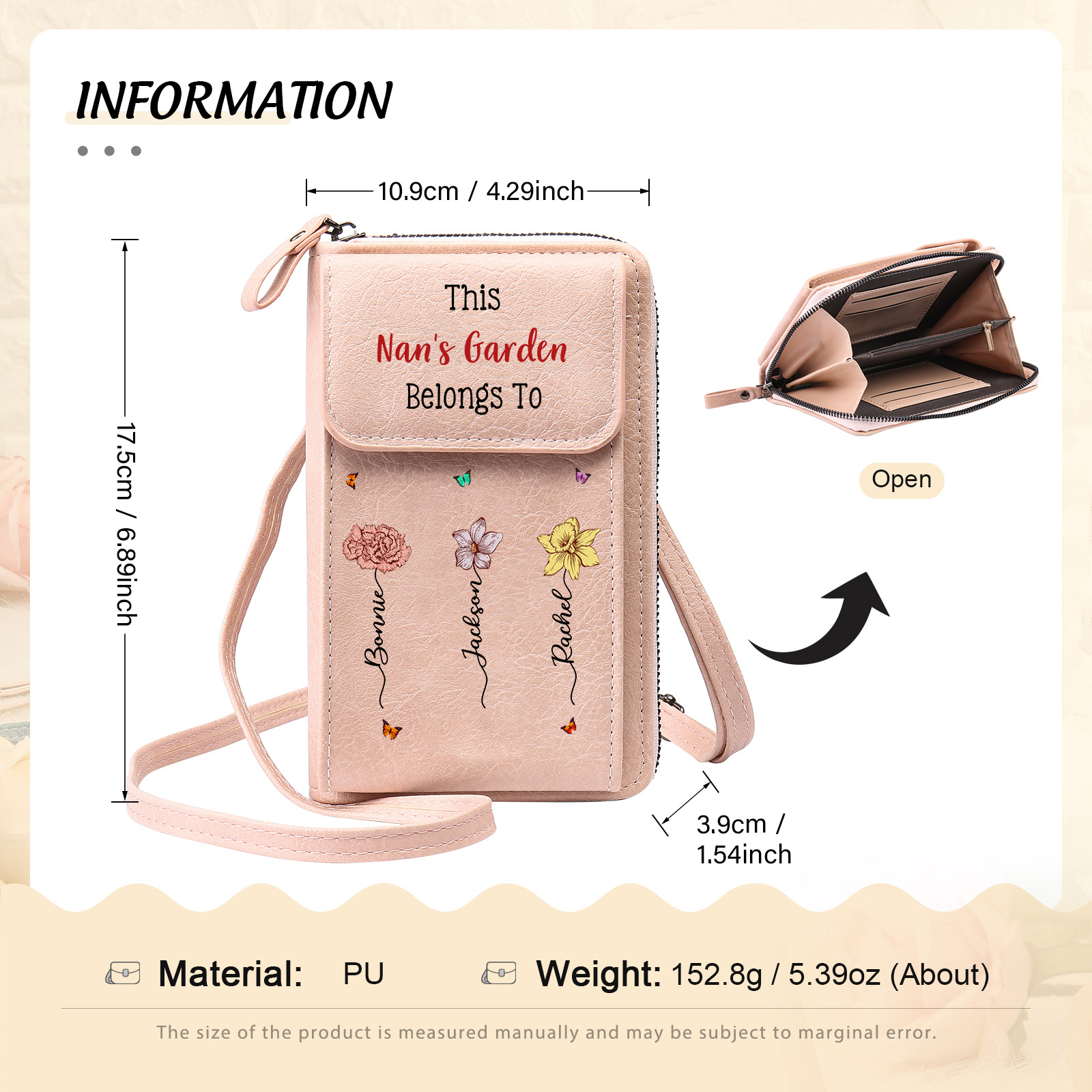 Personalised Crossbody Phone Purse Custom 1-6 Names & Birthflower Wallet Birthday Gift for Nan | Jessemade