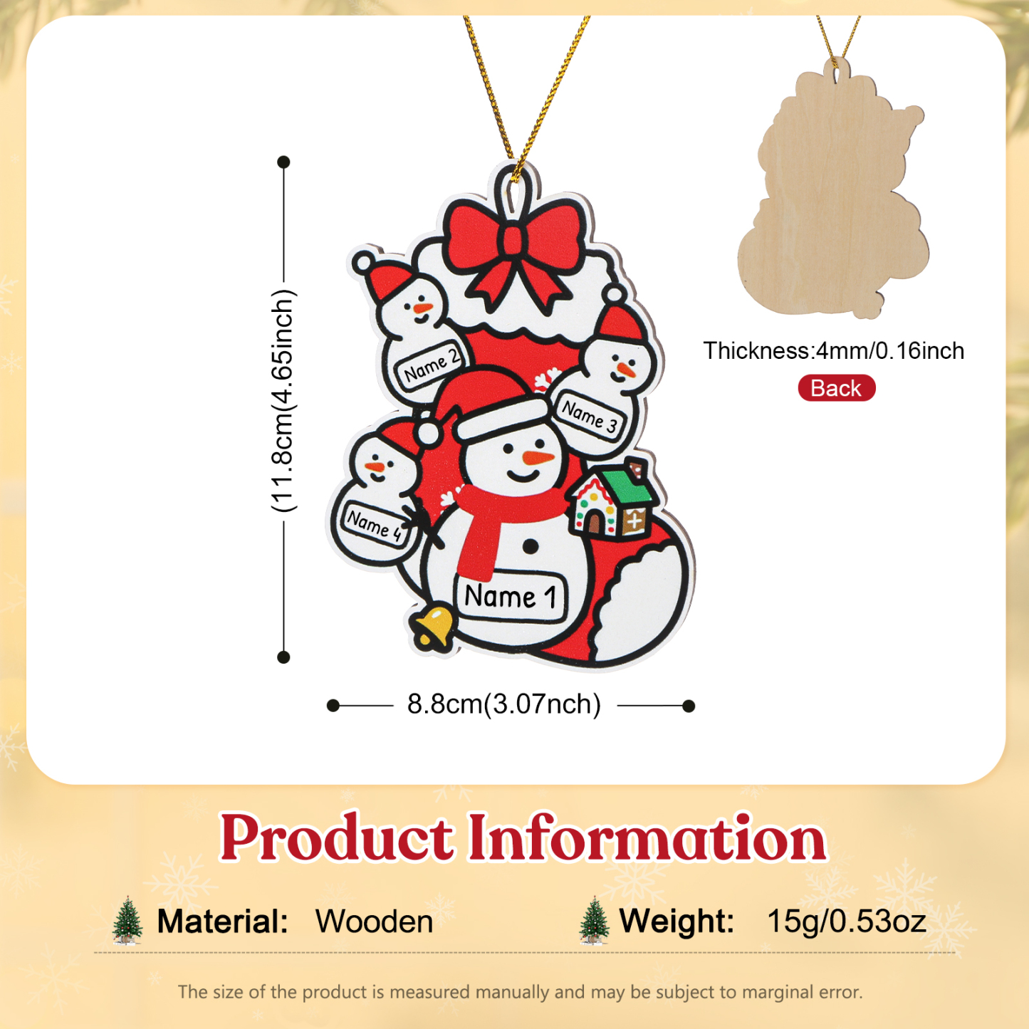 Personalised  Wooden Christmas Tree Decoration Snowman Family Tree Ornament
