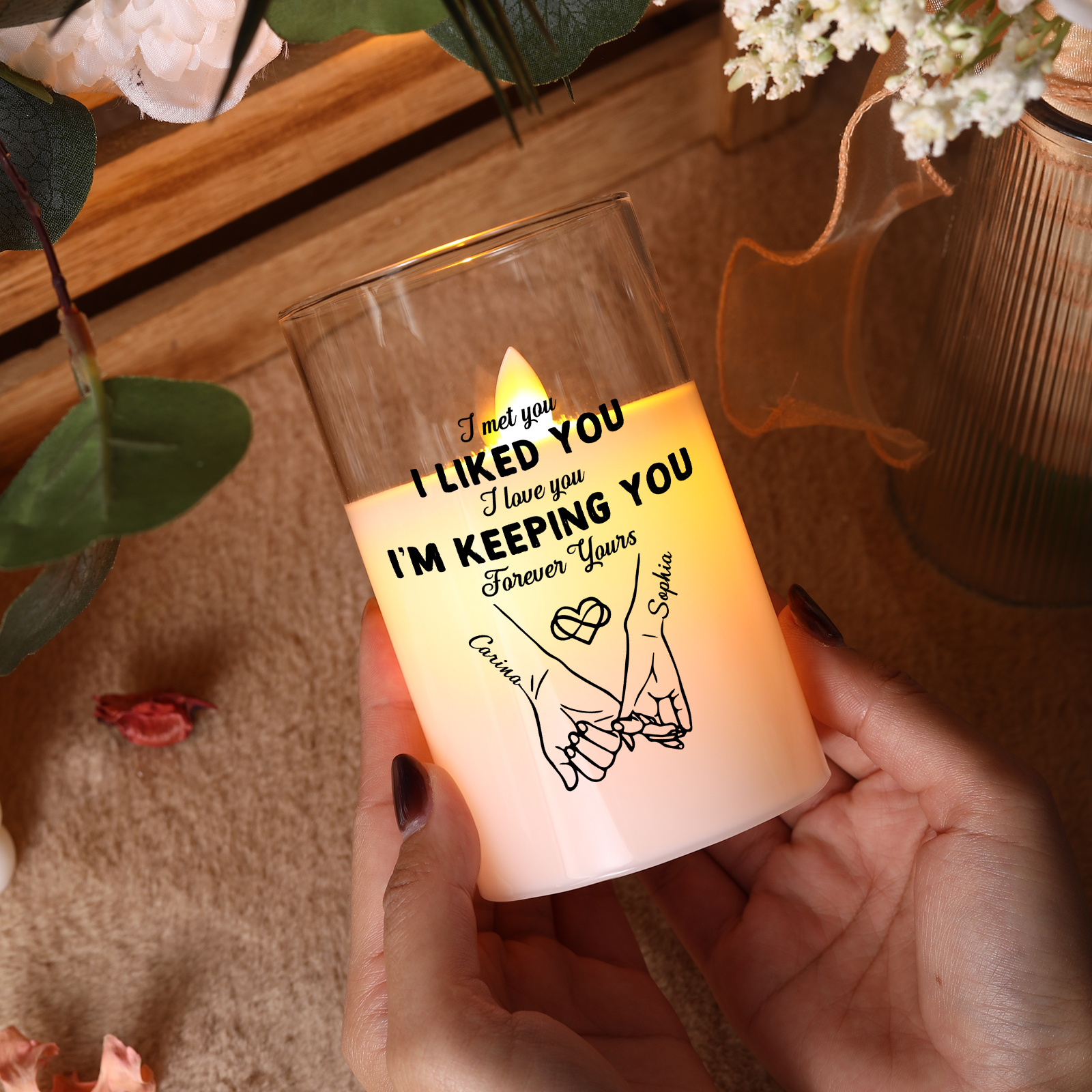 Personalised LED Candle with Names on the Glass – Romantic Gift for a Couple