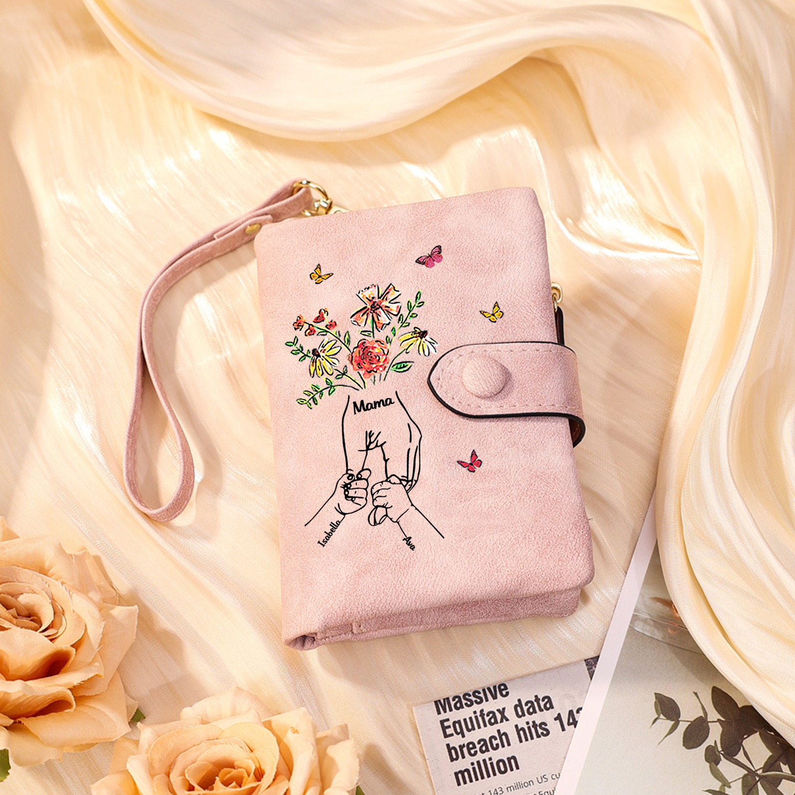 Personalised Wallet with flowers and a hand-in-hand design, with 3 to 6 names – for Mum/Grandma