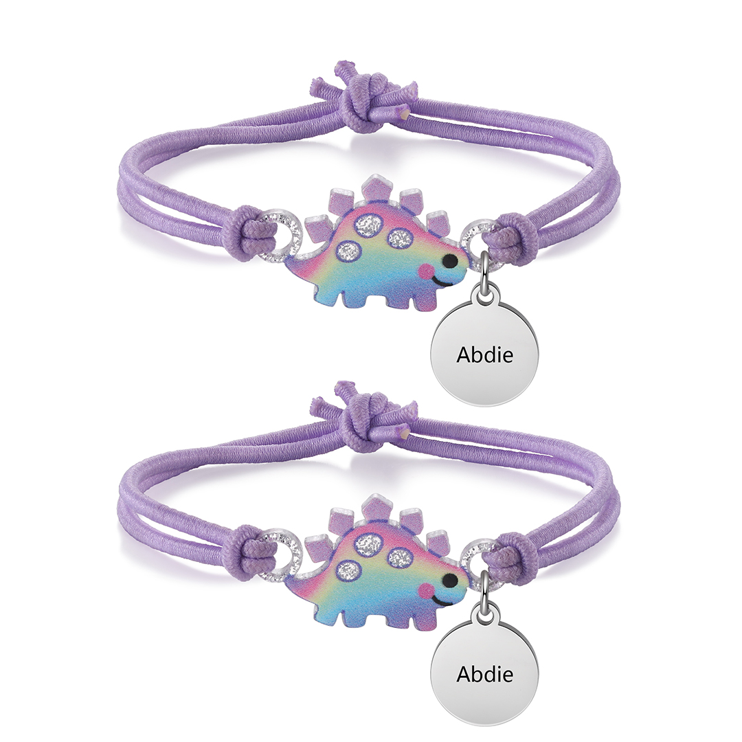 2 Pcs Bracelet Set Custom Names Purple Dinosaur Charm Hair Ties Back To School Gift for Kids - My Heart Will Be With You Throughout The Day