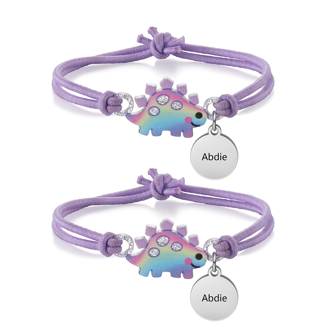2 Pcs Bracelet Set Custom Names Purple Dinosaur Charm Hair Ties Back To School Gift for Kids - My Heart Will Be With You Throughout The Day-Jessemade AU
