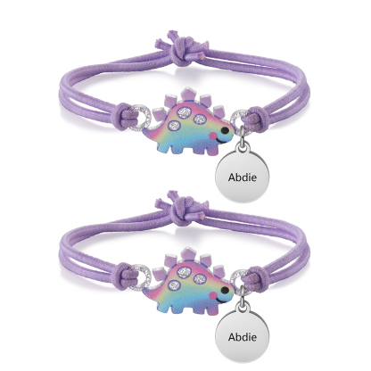 2 Pcs Bracelet Set Custom Names Purple Dinosaur Charm Hair Ties Back To School Gift for Kids - My Heart Will Be With You Throughout The Day-Jessemade AU