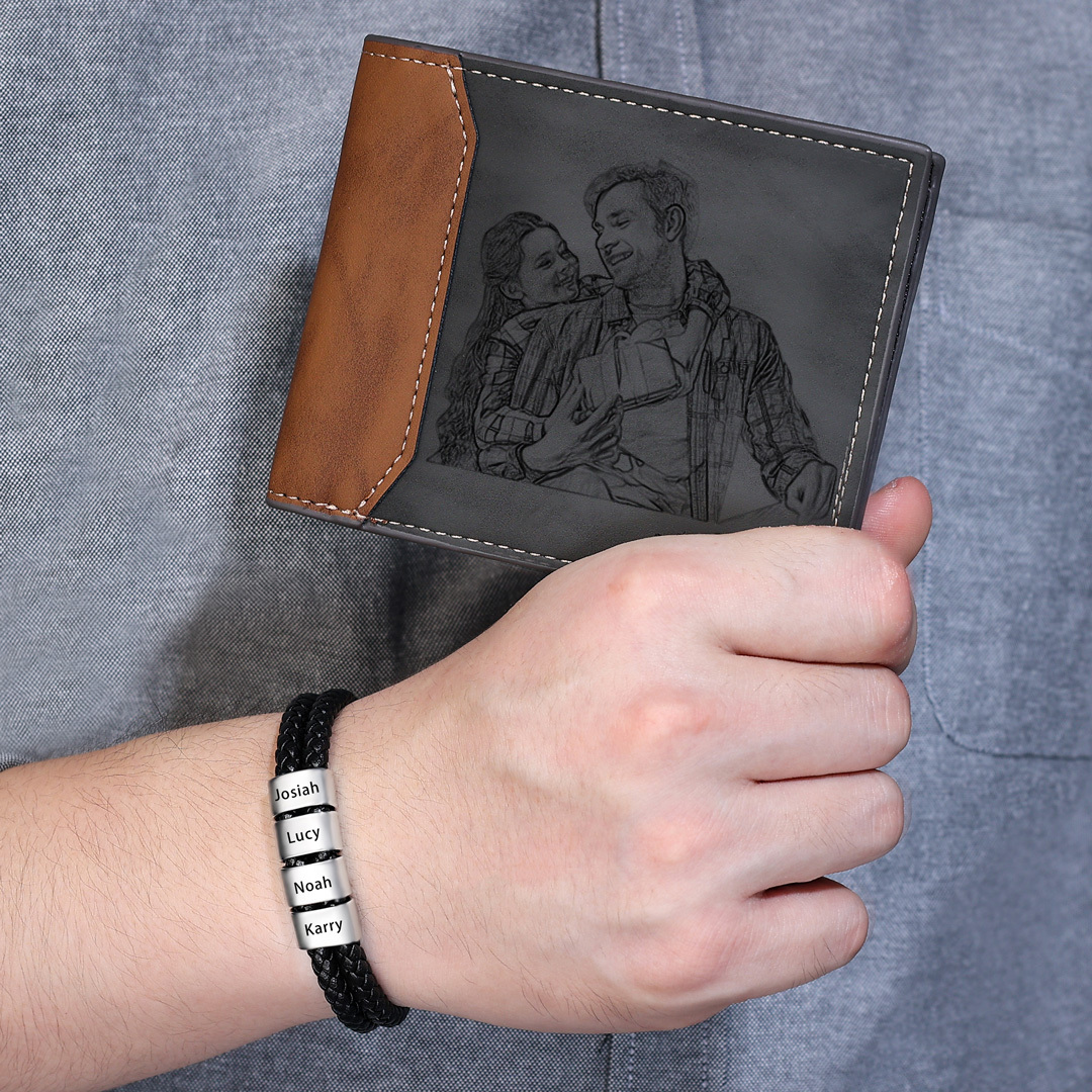 Personalised 1 Photo & 1 Letter & 5 Names Gift Set Custom Wallet & Bracelet Gift Box Set Christmas Gifts