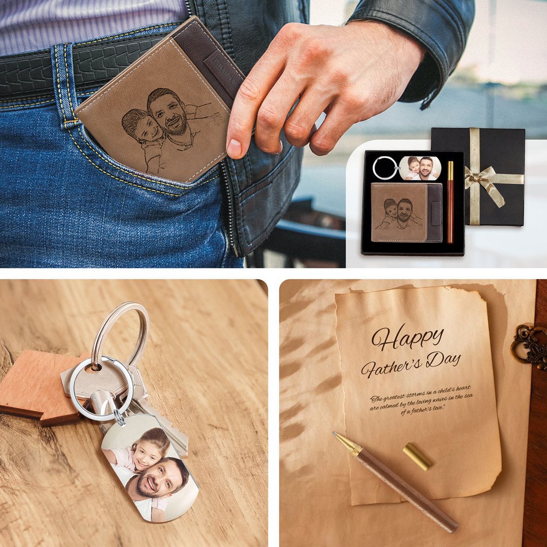 Personalised 2 Texts & 2 Photos Gift Set Custom Wallet & Keychain & Pen Gift Box Set Gift for Grandpa-Jessemade AU