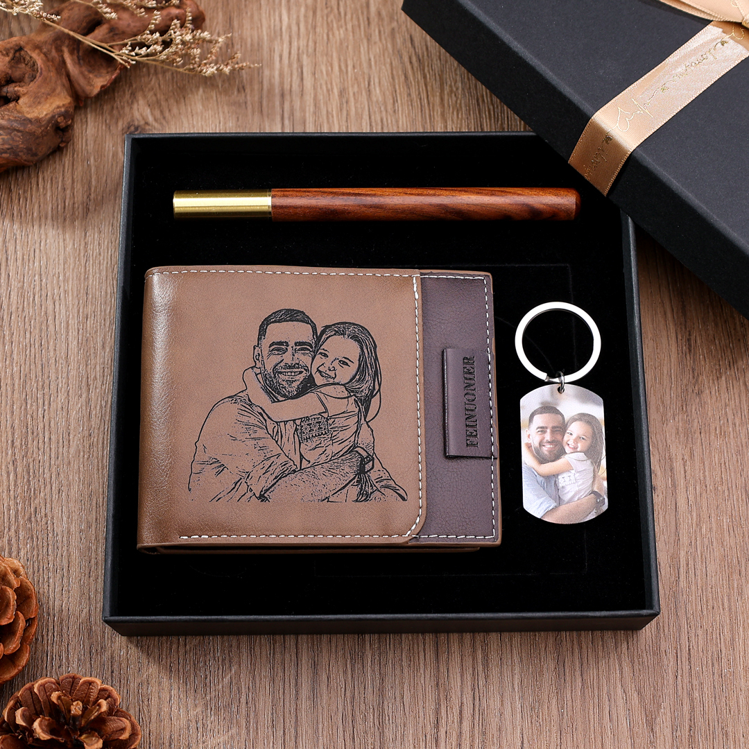 Personalised 5 Names & 1 Text & 2 Photos Fist Bump Gift Set Custom Wallet & Keychain & Pen Dad Gift Box Set Fathers Day Gift-Jessemade AU