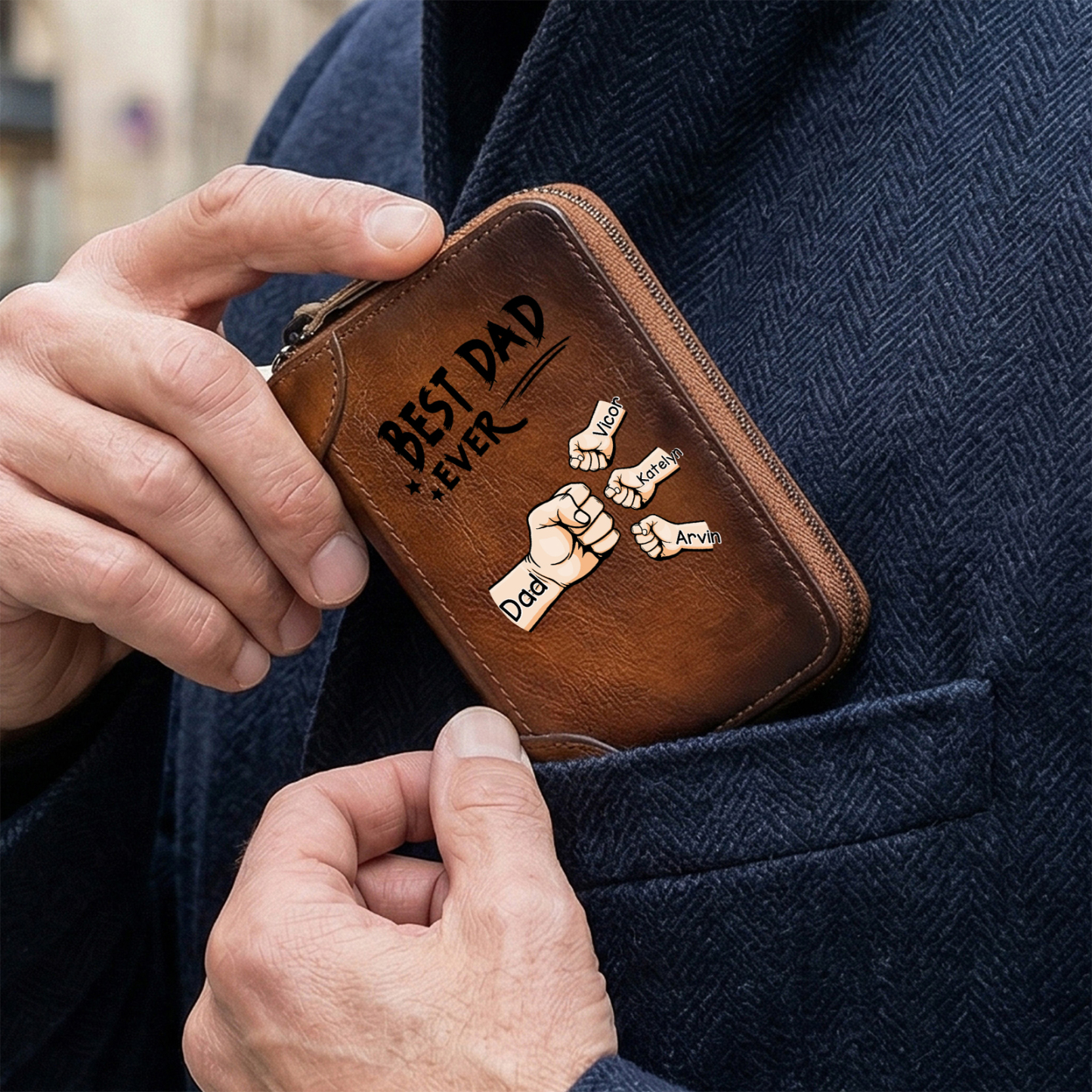 Personalised Genuine Leather Card Holder with 1–6 Names and Fist Bumps, Zipped Wallet for Dad/Grandad