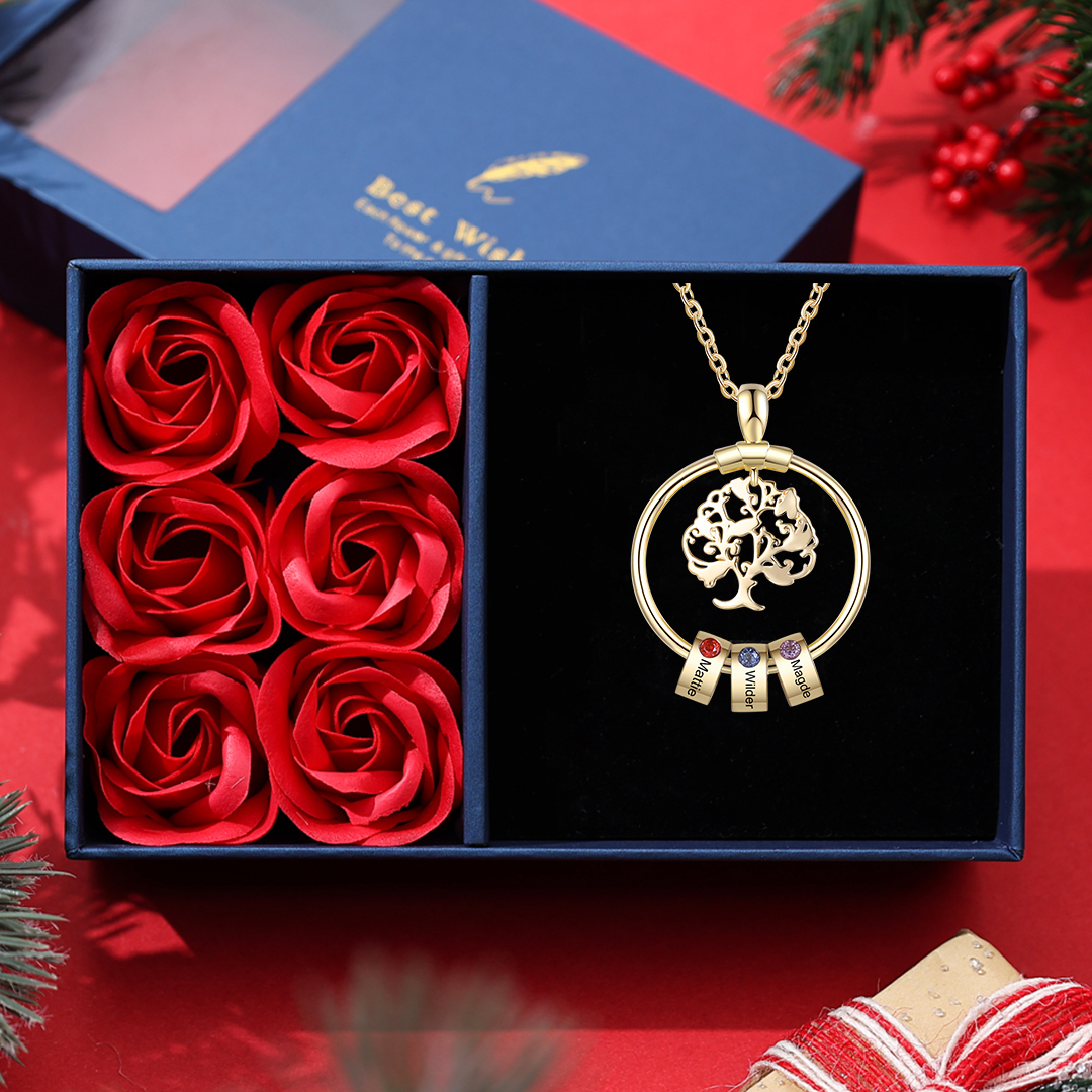 Personalised Family Necklace and Leather Bracelet Set with 3 Birthstones 3 Names Christmas Gift for Loved Ones-Jessemade AU