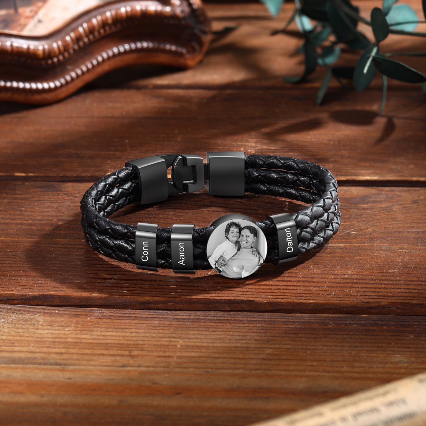 Personalised Men's Leather Bracelet Custom 3 Names & 1 Photo Braided Bracelet Father's Day Gifts for Him-Jessemade AU