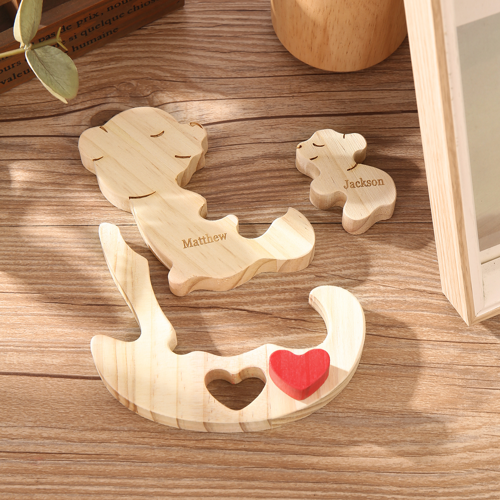 Personalised Wooden Bear Family Puzzles Custom 2 Names Animal Heart Ornaments Fathers Day Gifts-Jessemade AU