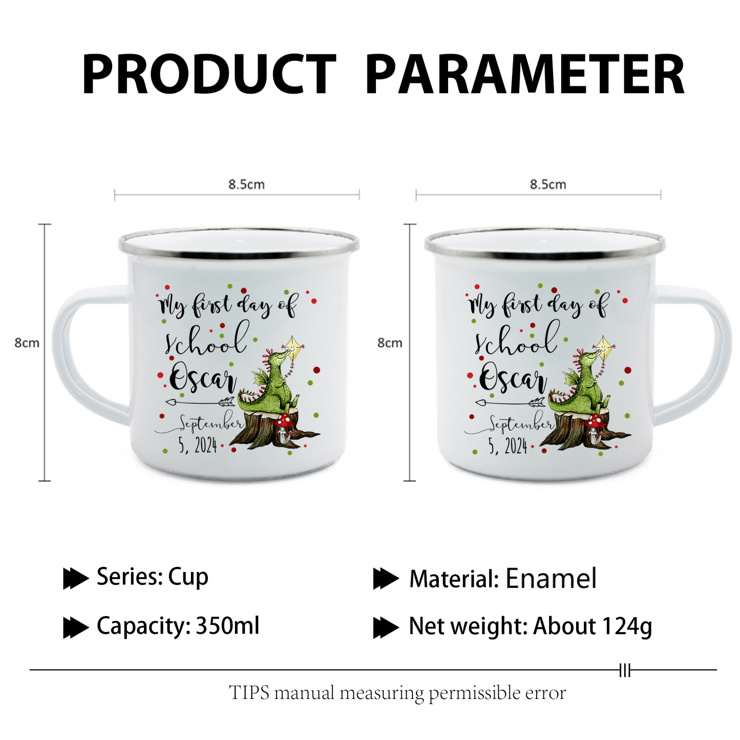 Personalised Enamel Mug Custom Name & Date Dinosaur Cup Back to School Gift for Kids - My First Day Of School-Jessemade AU