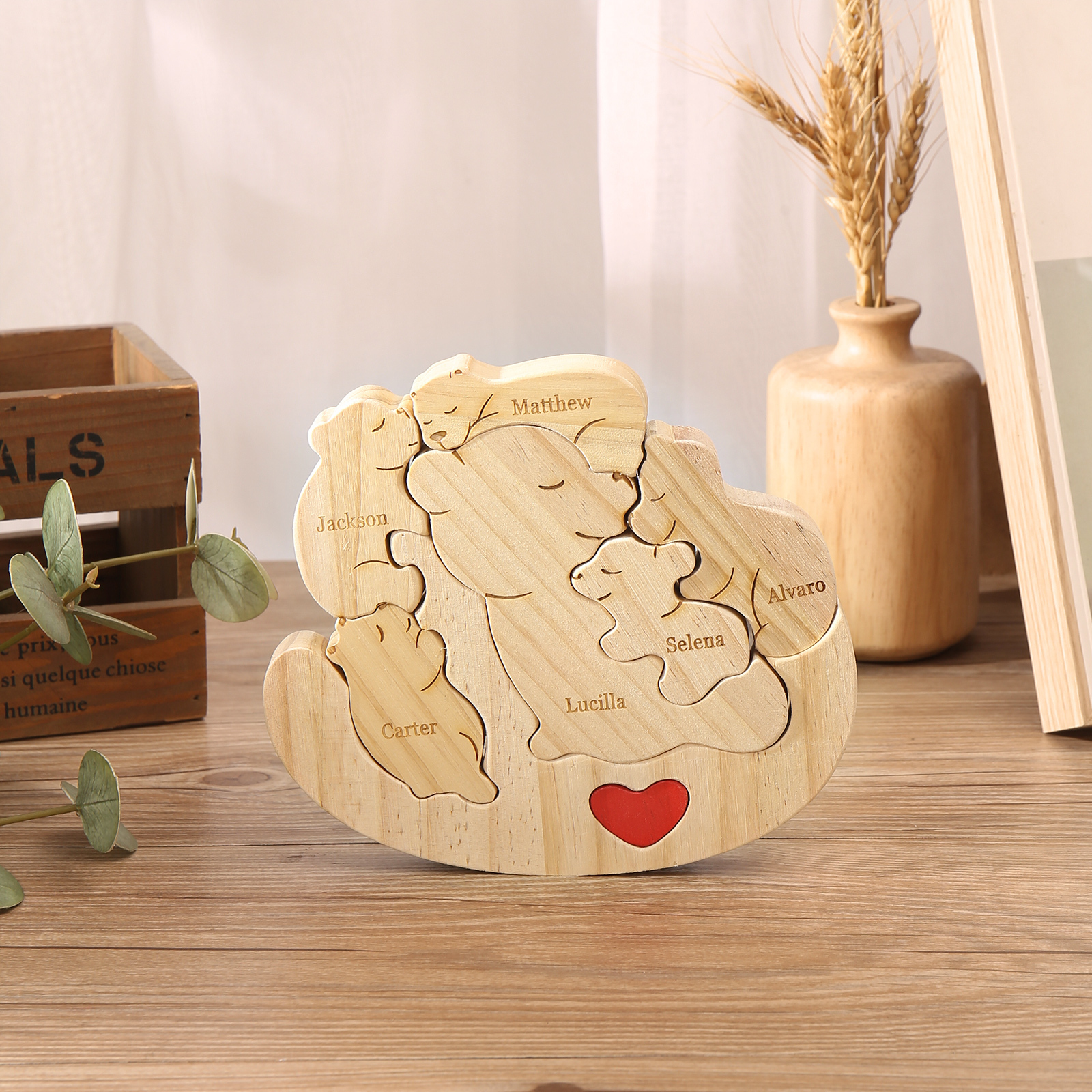 Personalised Wooden Bear Family Puzzles Custom 6 Names Animal Heart Ornaments Fathers Day Gifts-Jessemade AU