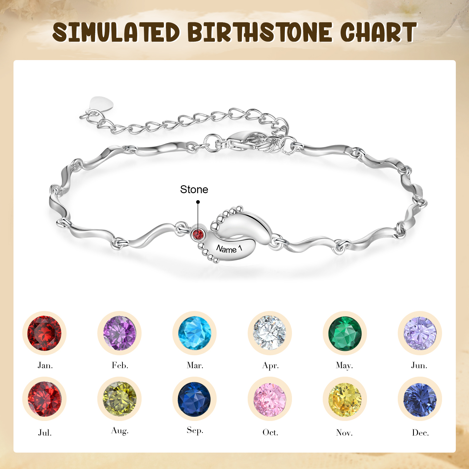 Personalised Baby Feet Bracelet Custom 1 Birthstone & 1 Name Adjustable Bracelet Gift for Her-Jessemade AU