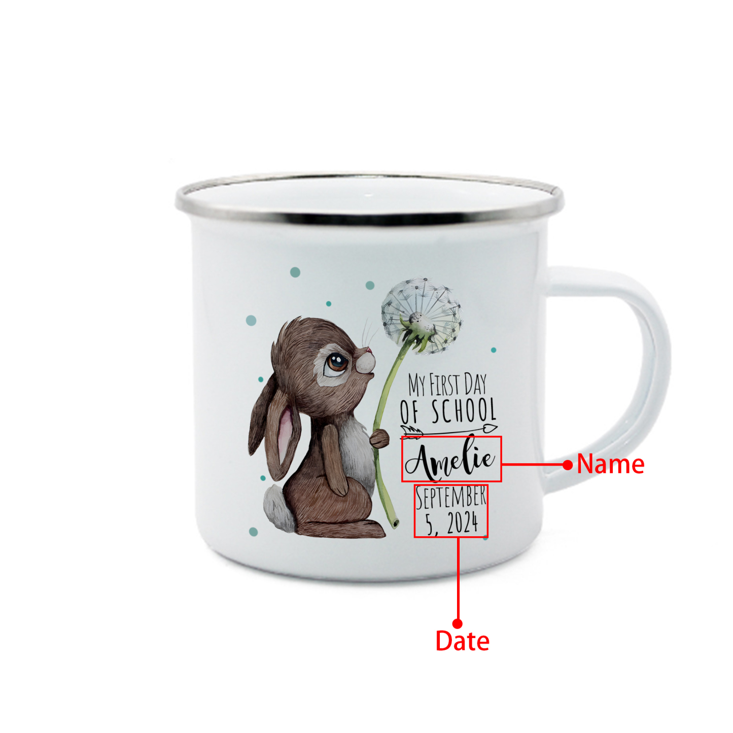 Personalised Enamel Mug Custom Name & Date Bunny Dandelion Cup Back to School Gift for Kids - My First Day Of School-Jessemade AU