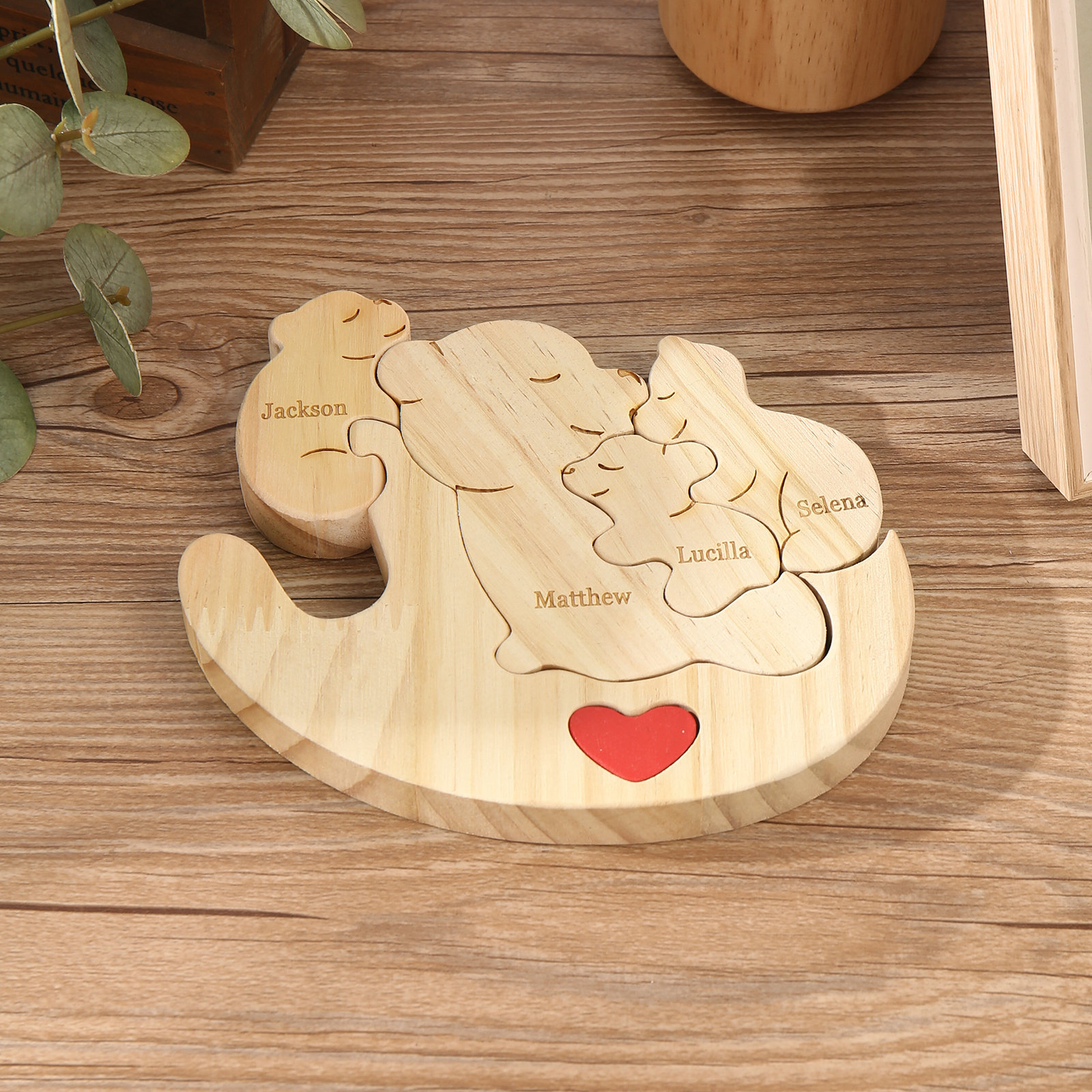 Personalised Wooden Bear Family Puzzles Custom 4 Names Animal Heart Ornaments Fathers Day Gifts-Jessemade AU