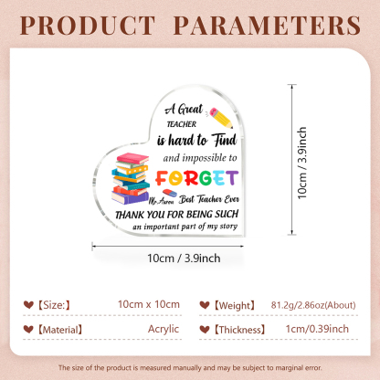 Personalised Acrylic Heart Keepsake Custom 1 Name Ornament Gift for Him/Her - A Great Teacher Is Hard To Find And Impossible To Forget-Jessemade AU