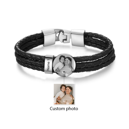 Personalised Men's Leather Bracelet Custom 1 Name & 1 Photo Braided Bracelet Father's Day Gifts for Him-Jessemade AU