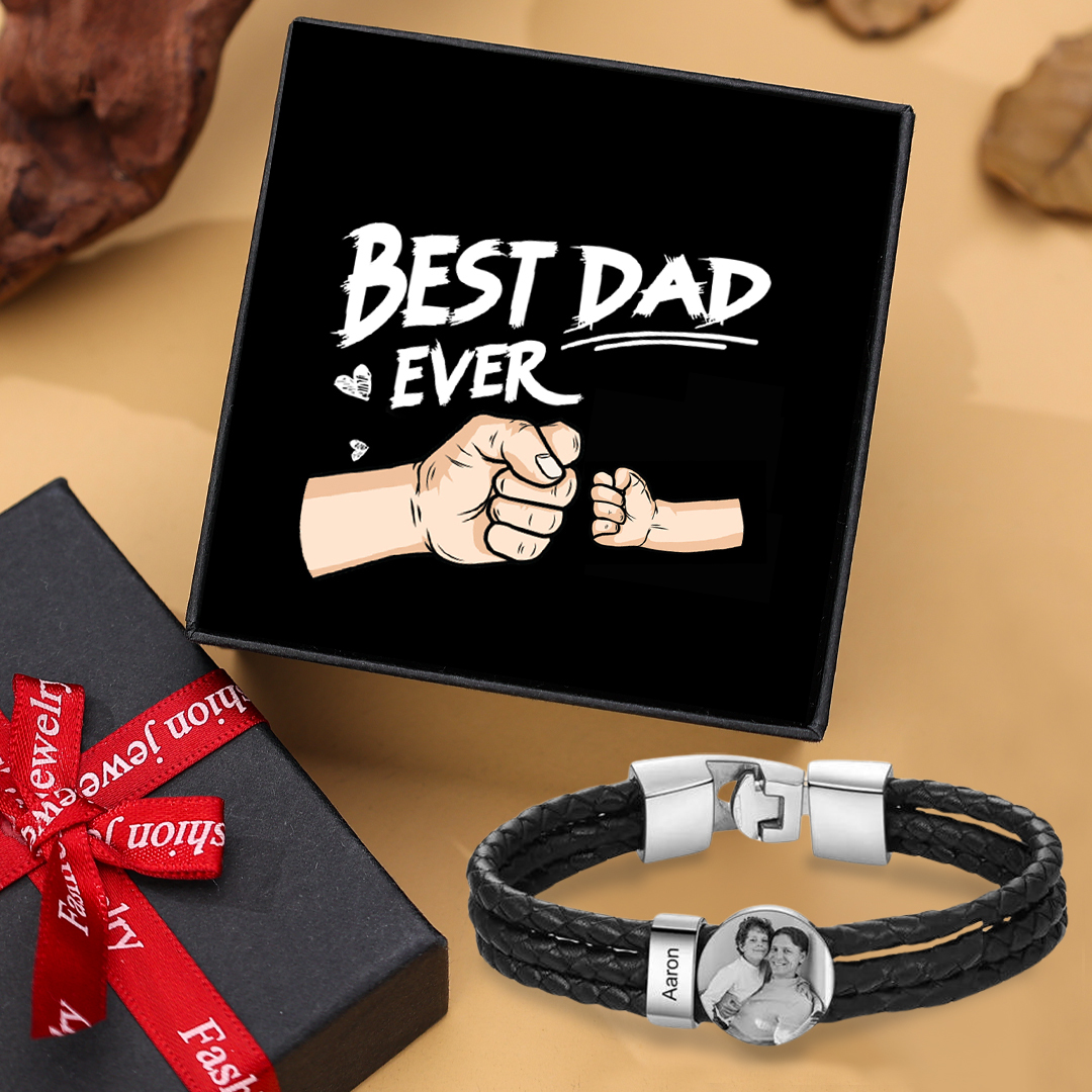 Personalised Men's Leather Bracelet Custom 1 Name & 1 Photo Braided Bracelet Father's Day Gifts for Him-Jessemade AU