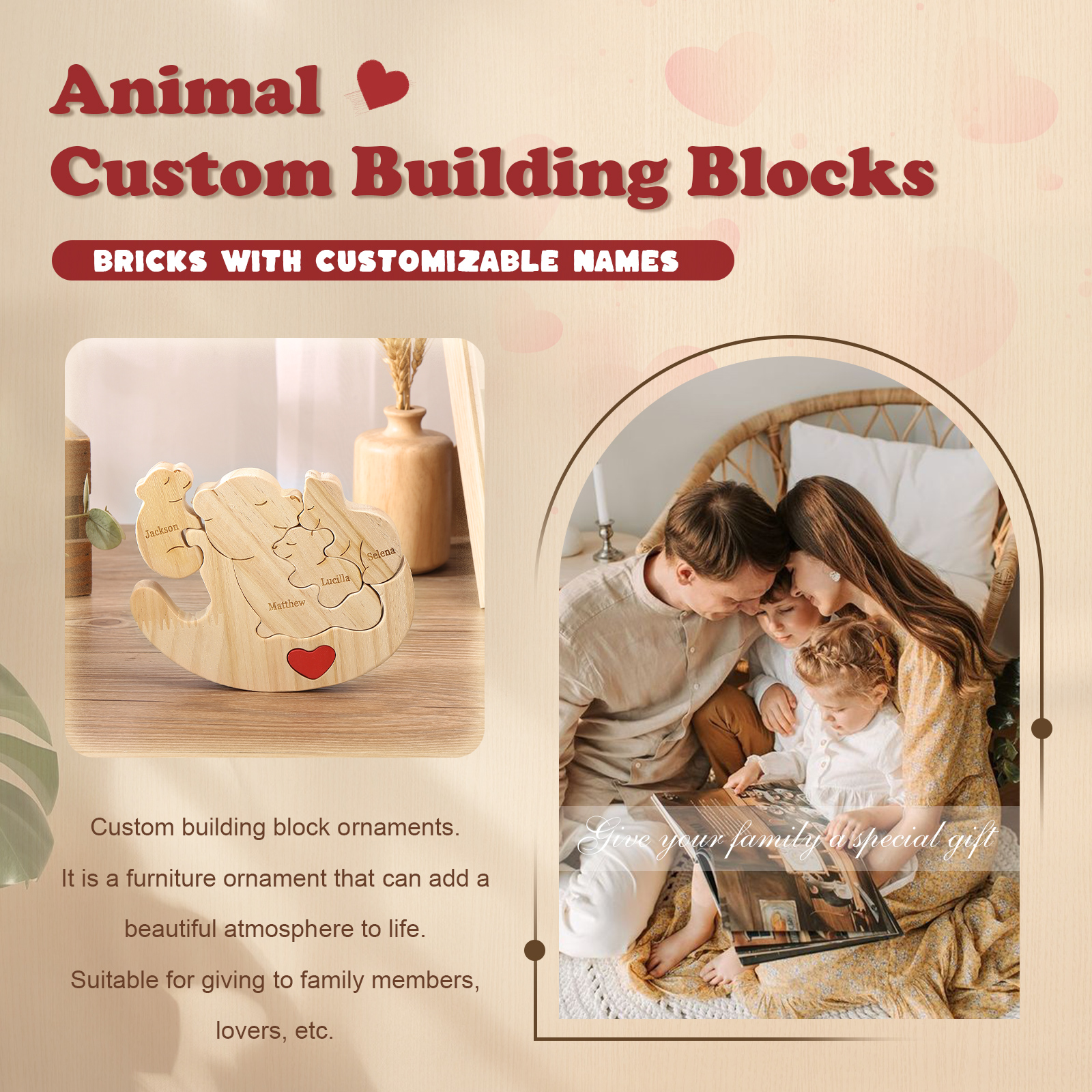Personalised Wooden Bear Family Puzzles Custom 4 Names Animal Heart Ornaments Fathers Day Gifts-Jessemade AU