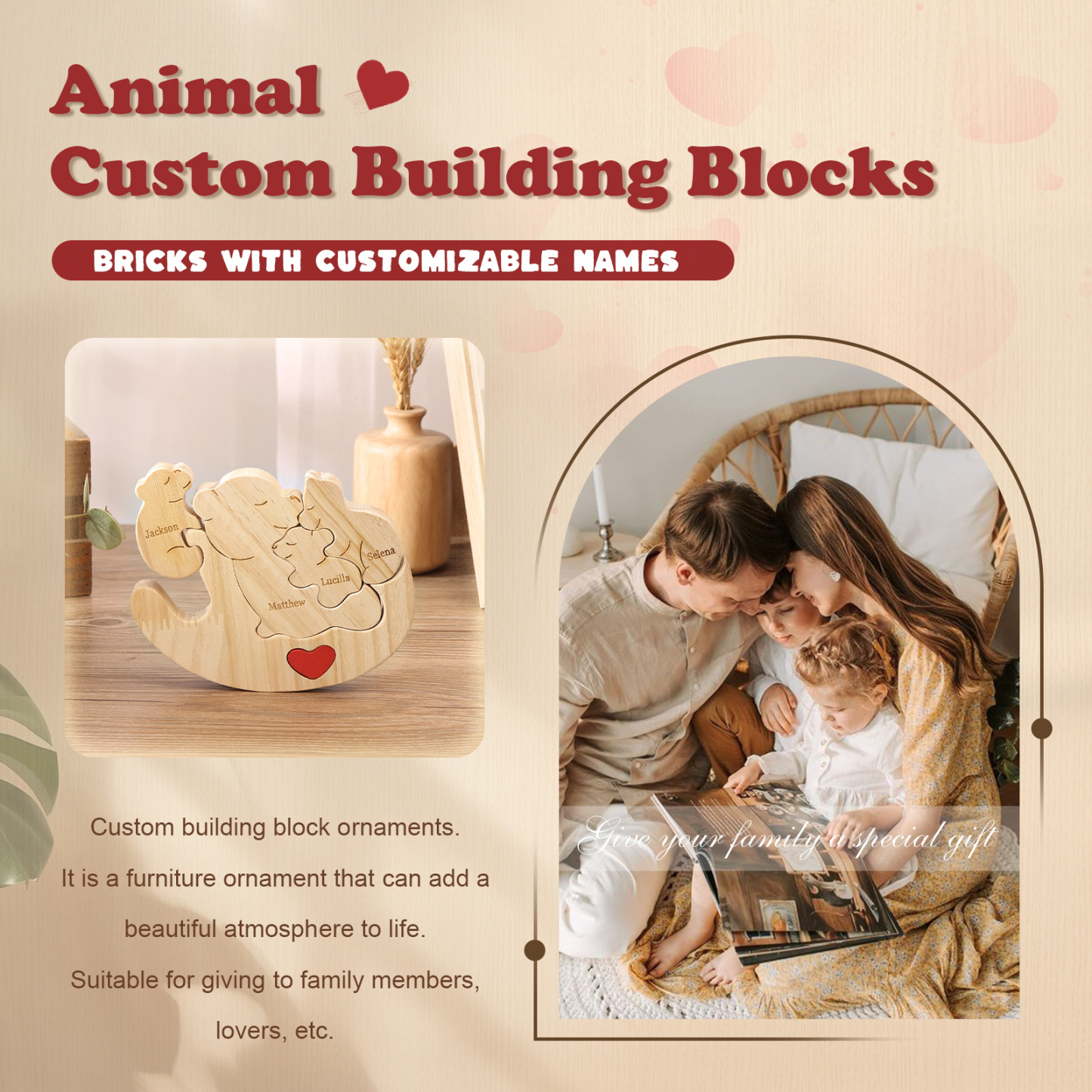 Personalised Wooden Bear Family Puzzles Custom 4 Names Animal Heart Ornaments Fathers Day Gifts-Jessemade AU
