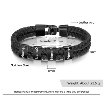 4 Names Personalised Braided Leather Bracelet Engraved Men's Bracelet for Him