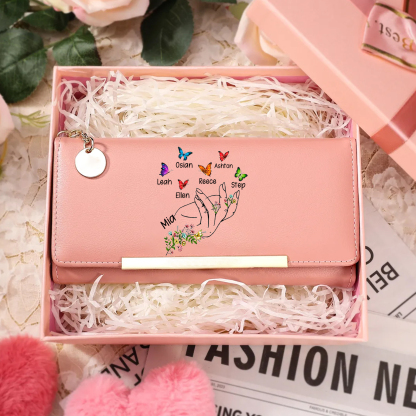 Personalised women’s wallet with floral and butterfly motif, designed with 2 to 8 first names