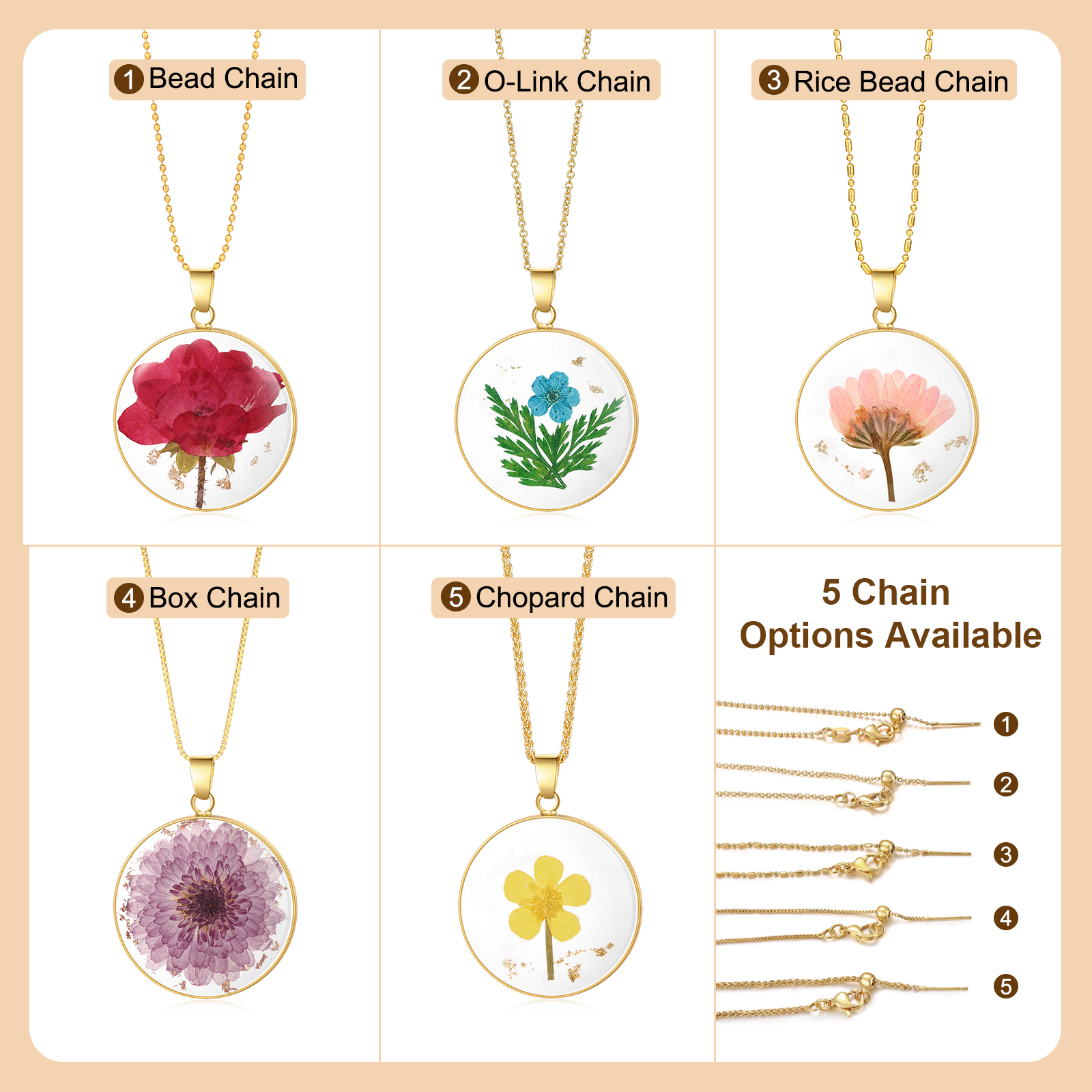 Personalised Gold Botanical Birth Flower Resin Pendant Necklace