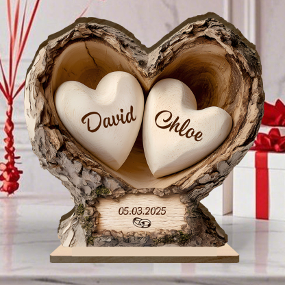 Personalised Wooden Heart-Shaped Tree Trunk Plaque with Stable Base for a Couple