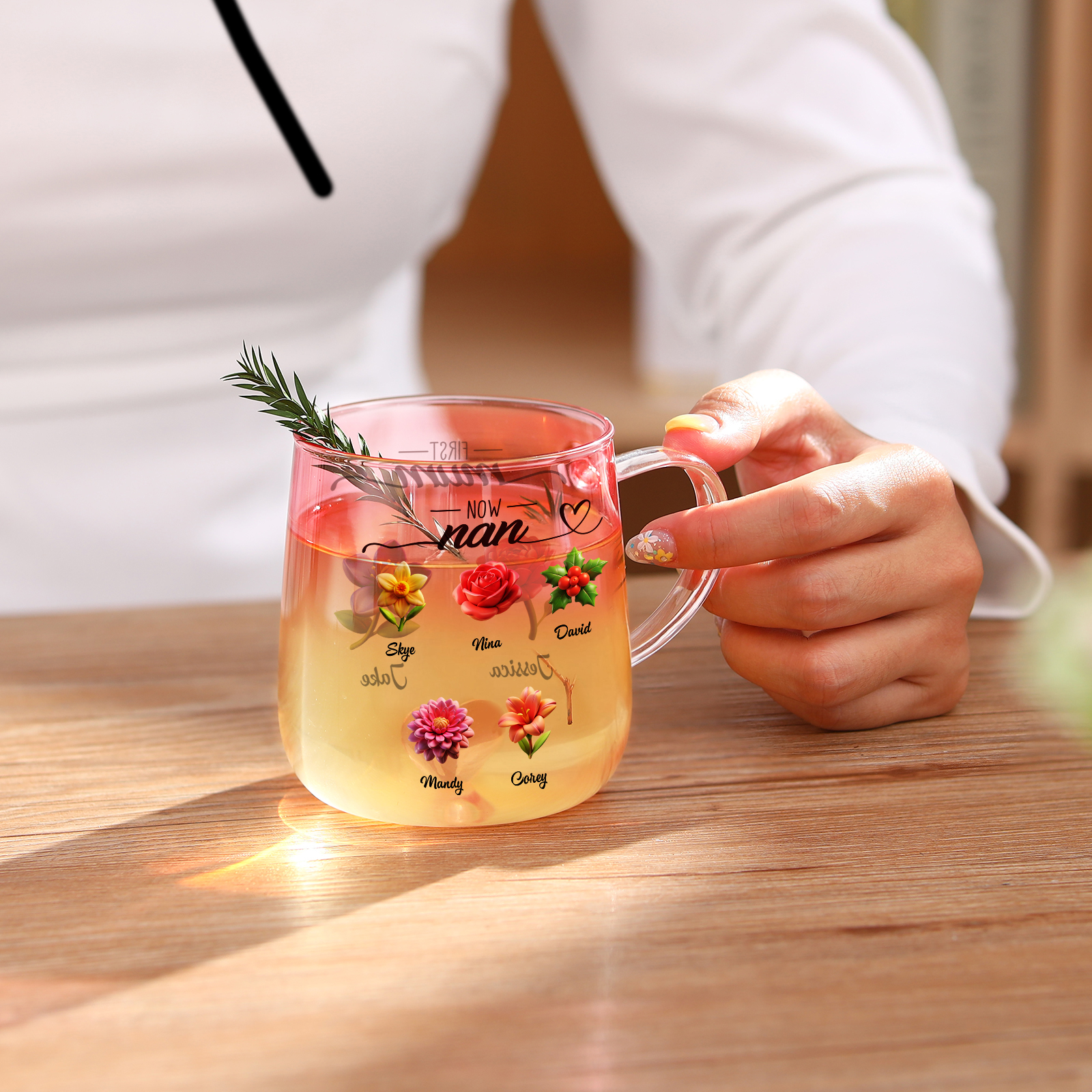 Pink Gradient Glass Mug, Personalised Flowers and Names