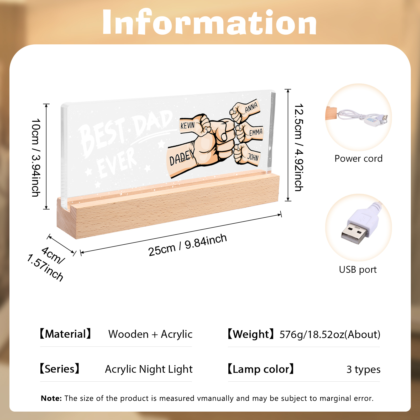 Best Dad Ever - Personalised 5 Names Acrylic Night Light Custom Fist Bump LED Lamp Fathers Day Gifts-Jessemade AU